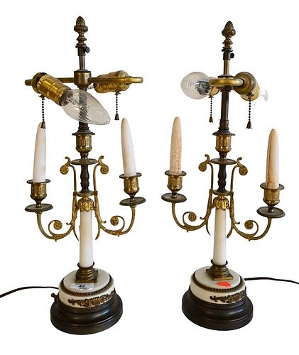 Pair of Neoclassical Style Alabaster Candle Sticks, made into table lamps, having two lights each and round bronze bases, overall height 20 inches.