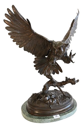 After Jules Moigniez (French, 1835 - 1894), Owl, bronze with brown patina, inscribed on the base "J.Moigniez", overall height 29 1/4 inches.