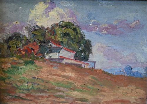 August H.O. Rolle (American, 1875 - 1941), springtime landscape, oil on board, signed lower right "A.H.O. Rolle" and estate stamped on the reverse, 6 
