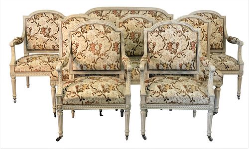 Eight Piece Louis XVI Style Salon Suite, having four armchairs, three side chairs, along with one loveseat, loveseat length 50 inches.