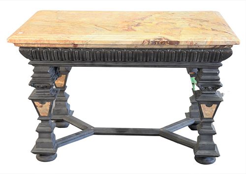 Baroque Style Table, having molded marble top on heavy base with inlaid marble panels, height 31 inches, top 32" x 49".