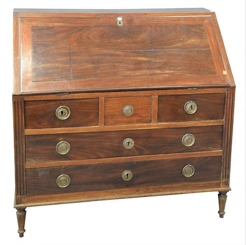 Louis XVI Mahogany Desk, having slant lid opening to drawers and well and having two over two drawers on turned legs, 18th century, height 44 inches, 