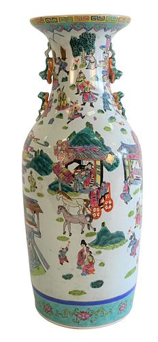 Large Chinese Porcelain Vase, having mounted tiger forms to the neck and figural scenes painted throughout the body, height 23 1/2 inches.