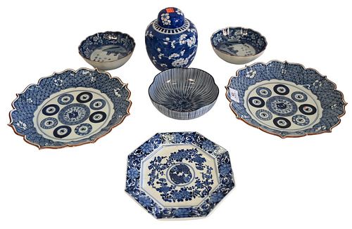 Seven Piece Chinese Lot, to include a ginger jar with lid, height 6 1/4 inches; a scalloped small bowl; an octogonal plate, diameter 8 inches; a pair 