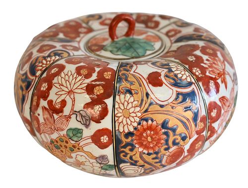 Japanese Imari Porcelain Gourd Shaped Vessel, with lid, marked on underside, height 6 inches, width 9 inches.