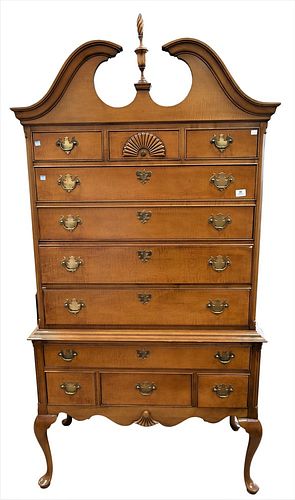 Chippendale Style Tiger Maple Highboy, height 75 inches, width 40 1/2 inches.