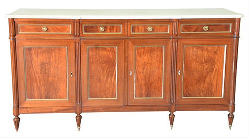 Louis XVI Style Mahogany Sideboard, having shaped white marble top and brass trim, height 42 inches, width 78 1/4 inches, depth 20 1/2 inches.