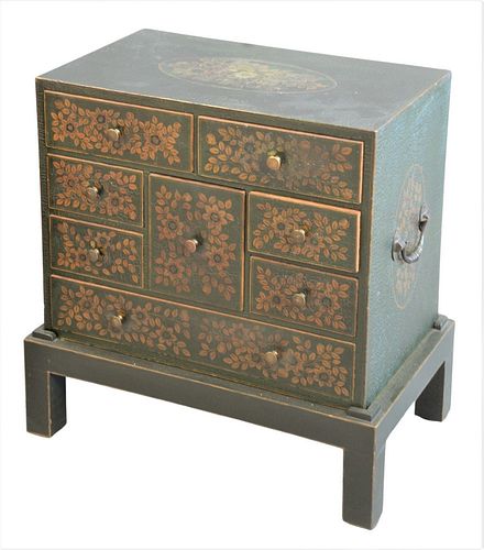 Diminutive Chest Having Eight Drawers, set in fitted base having green paint and painted foliate motif, height 22 inches, width 20 inches, depth 12 in