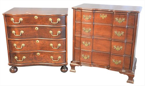 Two Mahogany Chests, to include a reverse serpentine four drawer diminutive chest over bun feet, along with a four drawer diminutive block front chest
