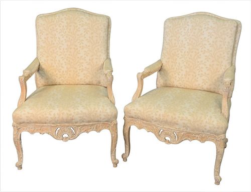 Pair of Michael Taylor Designs Inc., San Francisco Chairs Louis XV style armchairs having custom upholstery, height 42 inches, width 28 inches.