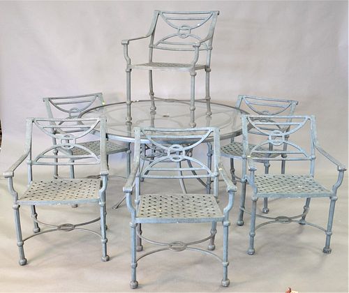 Eight Piece Outdoor Set, to include round glass top table, six armchairs, along with two tier glass top tea cart (missing one glass shelf), diameter 5