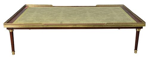 Louis XVI Style Mahogany Coffee Table, having cloth center and brass gallery with brass trimmed legs, height 15 inches, top 40" x 59 1/2".