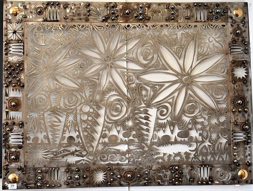 Chris Seeman (American, 20th Century), laser cut metal wall sculpture having floral center design, signed "CS" to the lower right corner, 36" x 48" ov