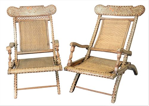 Pair of Moroccan Mother of Pearl Inlaid Folding Chairs, having woven seats and backs, height 32 inches, width 21 inches.