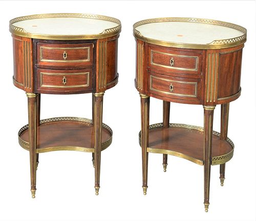 Pair of Louis XVI Style Oval Stands, having white marble tops over two drawers each, height 29 inches, top 15" x 18 1/4".