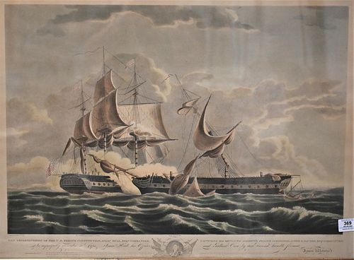 Cornelius Tiebout After Thomas Birch (American, 1779 - 1851), "The U.S. Frigate Constitution Capturing Frigate Guerriere, 1813", engraving with hand c