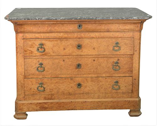 Burlwood Server, having marble top and three drawers over bracket base, height 38 inches, width 51 inches, depth 24 inches.