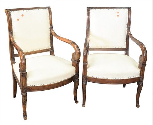 Pair of Directoire Style Armchairs, in need of upholstery, height 35 inches, width 21 1/2 inches.