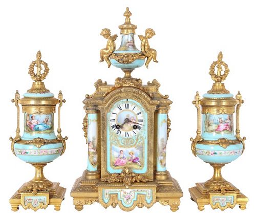 Antique Fr. Ormolu & Sevres Style Clock Garniture