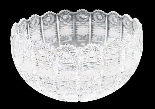 Large Etched Cut Glass Scalloped Bowl