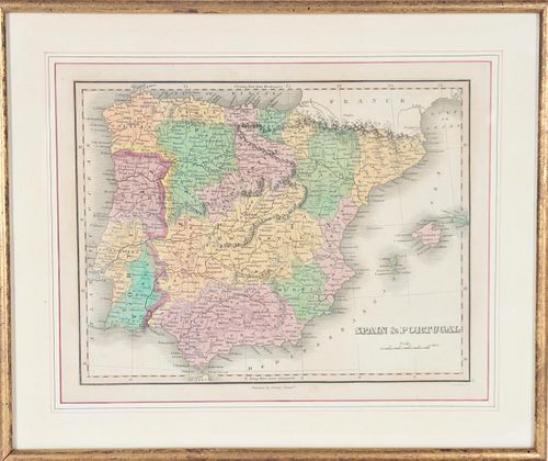 Spain & Portugal Hand Colored Map
