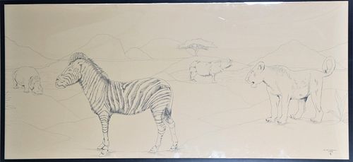 Large Vintage Drawing of African Wildlife, Signed