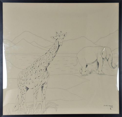 Giraffe & Elephant, Pen & Ink Drawing