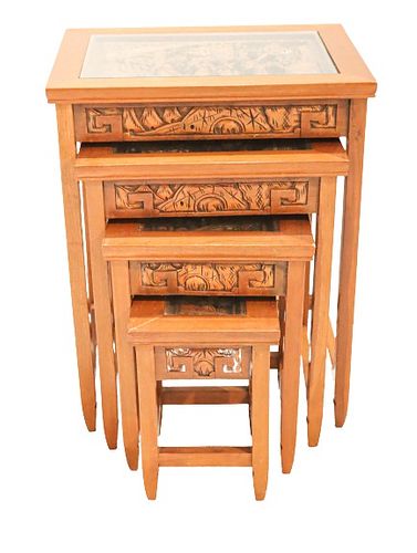 20th C Chinese Carved Teak Nesting Tables