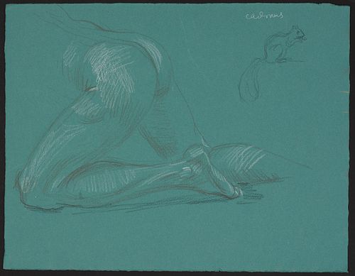 Paul Cadmus Nude & Squirrel Crayon on Green Paper