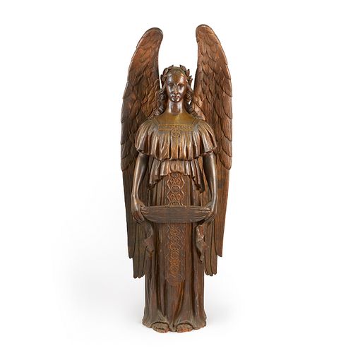 19th c. Gothic Revival Carved Wood Altar Angel
