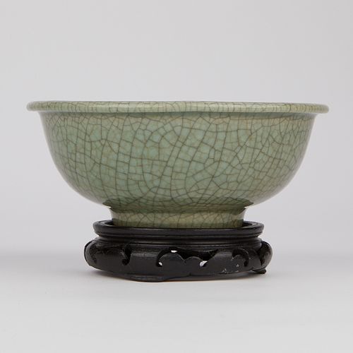 Chinese Crackled Celadon Bowl w/ Carved Wooden Stand