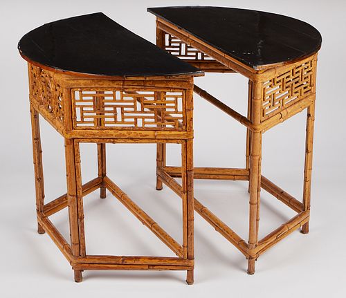 Pair of Chinese Bamboo Lacquer Demilune Tables w/ Gilt Design