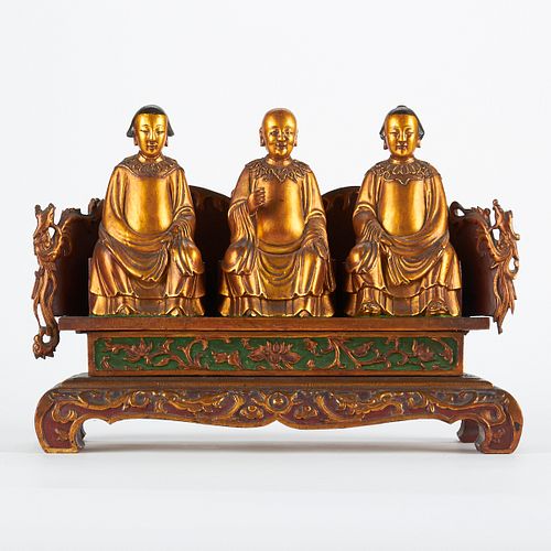 Chinese Gold Lacquer Wood Immortals on Bench