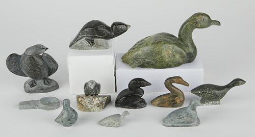 Lrg Grp: 10 Stone Inuit Carvings Geese & Ducks
