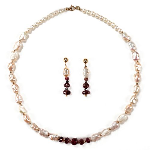 14K Gold Garnet Baroque Pearl Earrings & Necklace