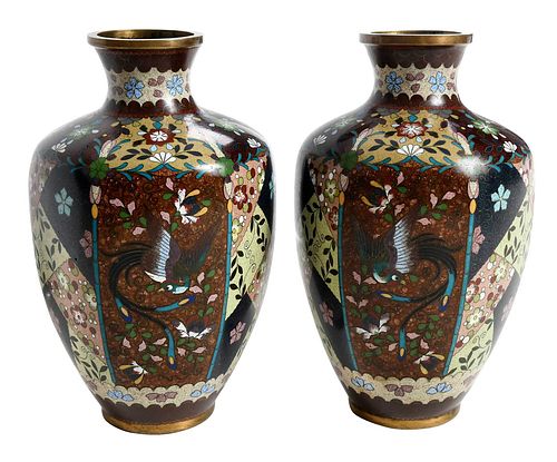 Pair of Japanese Cloisonn? Goldstone Vases