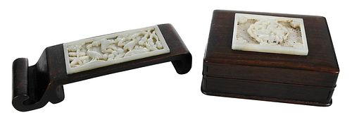 Chinese Hardstone Inset Carved Box and Pen Rest