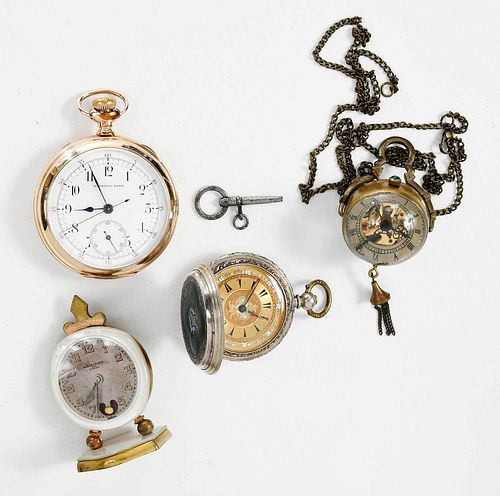 Three Pocket Watches and Small Travel Clock