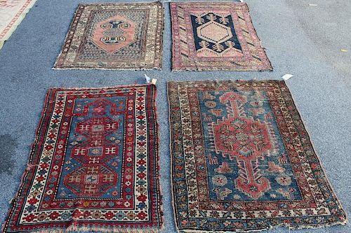Lot of 4 Antique Kazak Style Throw Rugs.