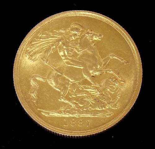 A gold £5 coin, 1887