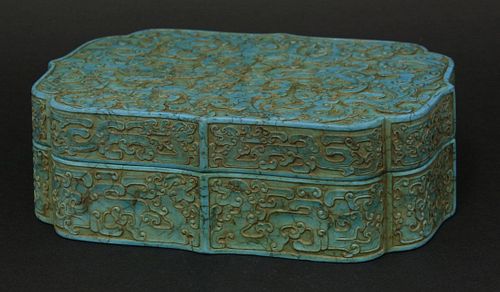 A turquoise-coloured stone Box and Cover, the shaped