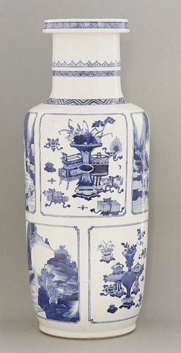 A blue and white rouleau Vase, Kangxi, c.1690, the body