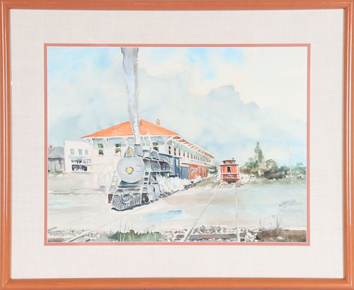 Train at Station Boca Grande, Signed Watercolor