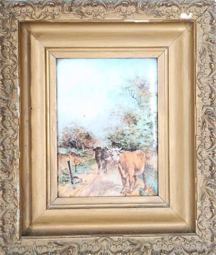 Cows Painted on Porcelain, Framed