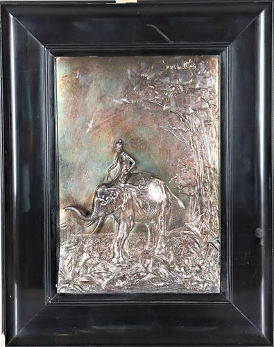 Silver on Copper Relief of Figure Riding Elephant