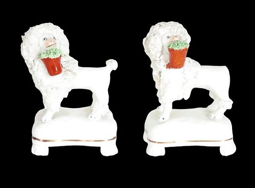 19th C Pair French Poodles Holding Flower Baskets