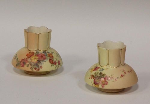 Two similar Royal Worcester blush ivory squat vases, floral painted, puce marks, 3 dots and 2 dots,