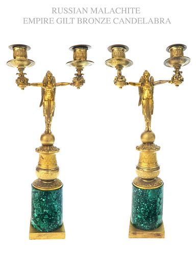 Pair of Russian Malachite & Bronze Figural Candelabras