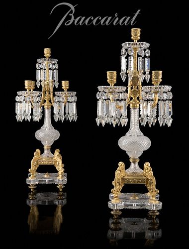 Pair of Baccarat Cut Glass and Gilt Bronze Candelabras