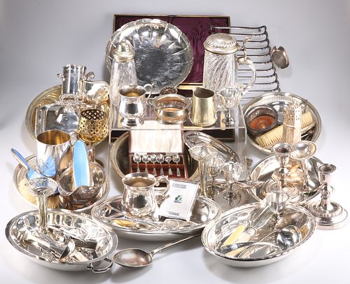 A LARGE COLLECTION OF SILVER-PLATE, including enamel-backed dressing table 